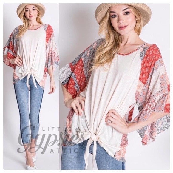 DAVI & DANI Tops - Big Bell Patchwork Sleeves Bohemian Top
